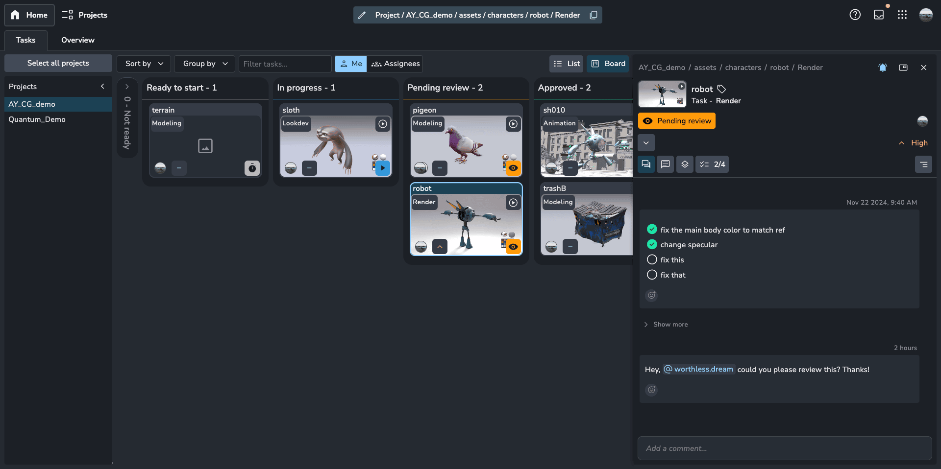 AYON home dashboard with tasks.